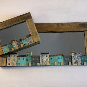 Funckles Set Of 2 Stunning driftwood mirror with driftwood cottage houses Marine Blues NAUTICAL SIGNED