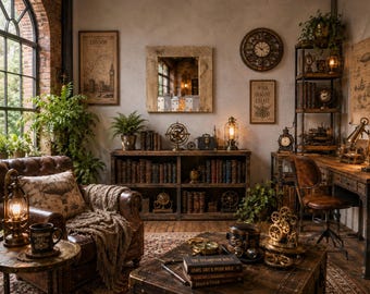May include: A study room featuring a brown leather armchair, a wooden bookshelf filled with books, a desk with a chair, and a coffee table. The room is decorated with a wall clock, a mirror, framed prints, and various mechanical-themed decor items.