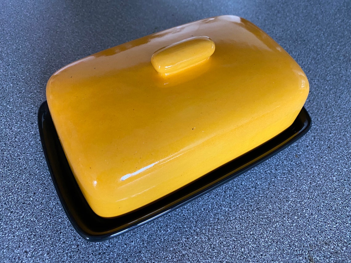 Jet Black Butter Dish With Yellow Lid Etsy