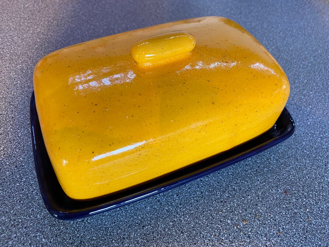 Unique Handmade Yellow Butter Dish Lid on a Rich Royal Blue Dish Etsy