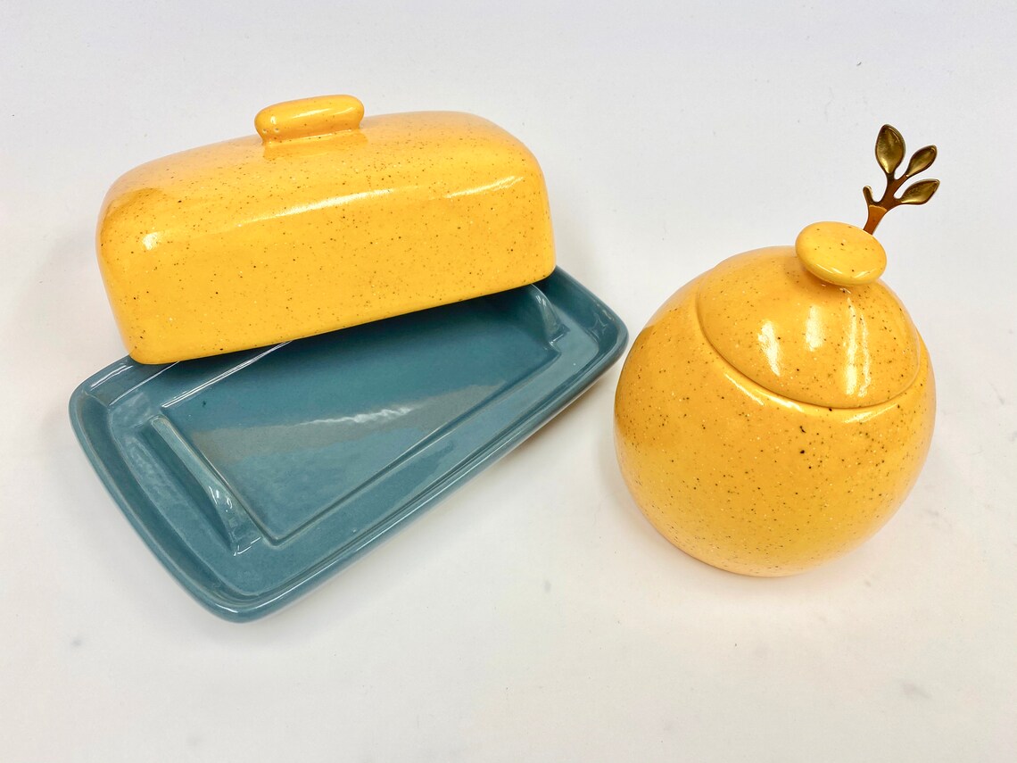 Grey Butter Dish with Speckled Yellow Lid and Sugar Bowl Etsy