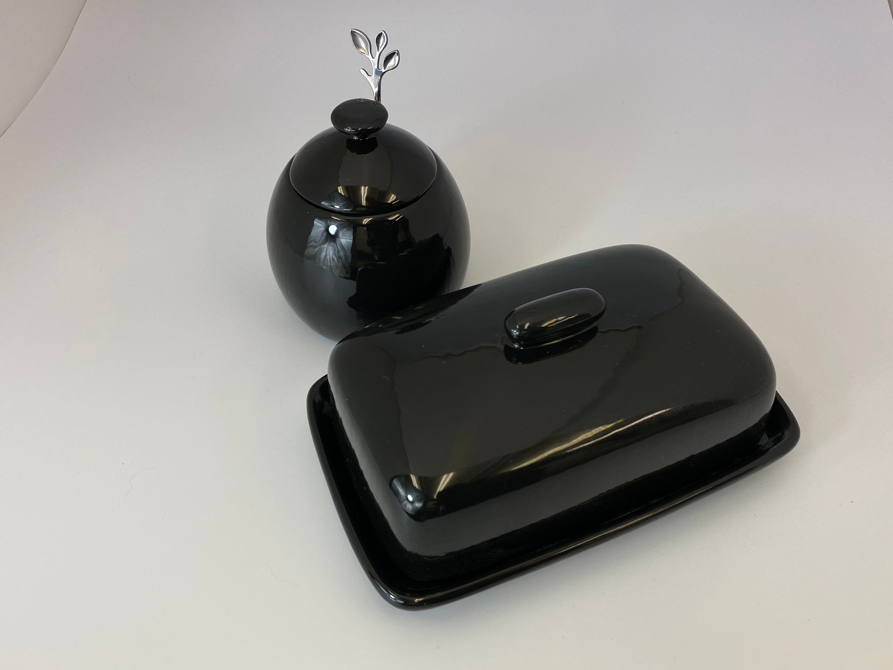 Handmade Black Butter Dish and Sugar Bowl with Silver Leafy Etsy