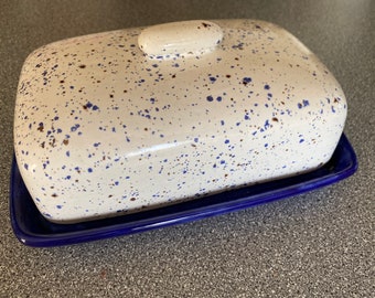Butter Dish with Speckled Blue and White Lid
