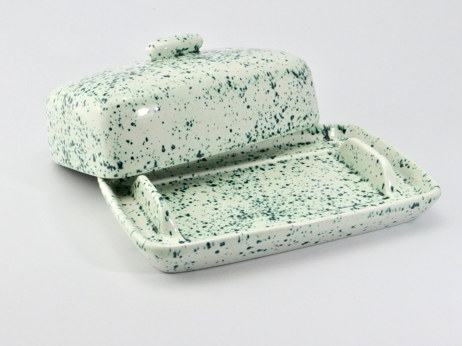 Butter Dish and Sugar Bowl Set Speckled Green Glaze Etsy