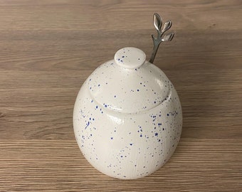 Sugar Bowl with Spoon Light Speckled Blue