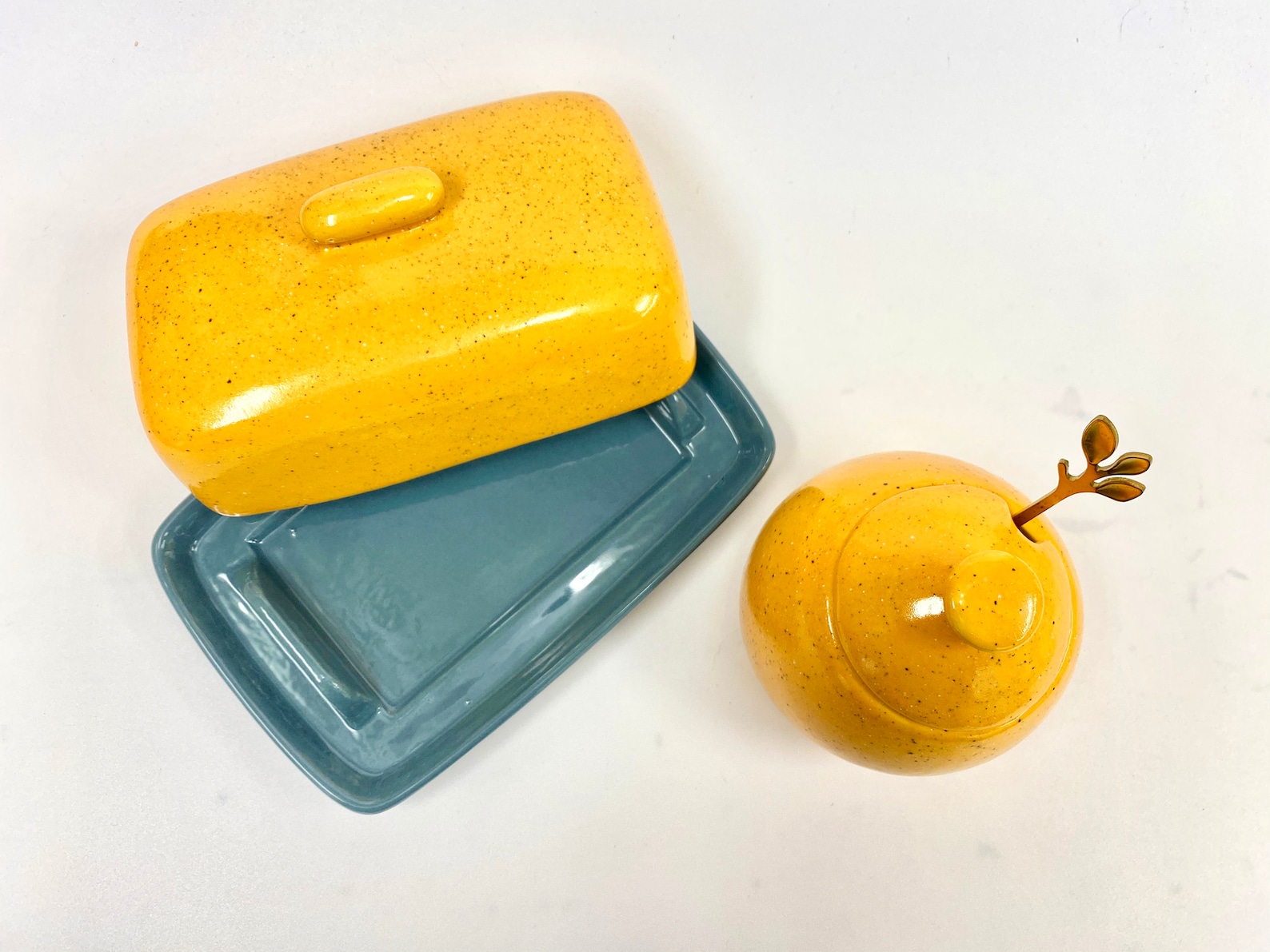 Grey Butter Dish With Speckled Yellow Lid and Sugar Bowl Etsy New Zealand
