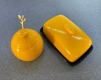 Butter Dish with Matching Sugar Bowl and Spoon, Yellow Speckle Glaze