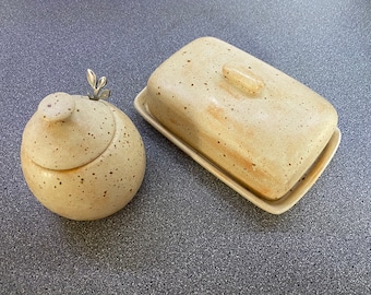 Butter Dish and Sugar Bowl with Spoon Oatmeal Glaze