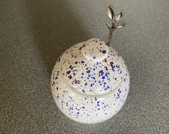 Sugar Bowl with Lid and Spoon in Speckled Blue Glaze