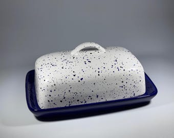 Speckled Blue Butter Dish with Handle