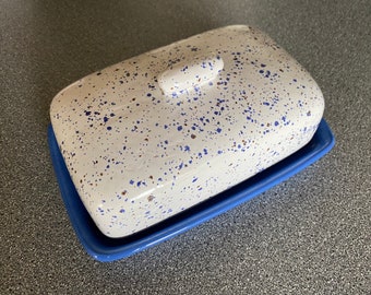 Butter Dish, Speckled Blue with Airforce Blue Dish