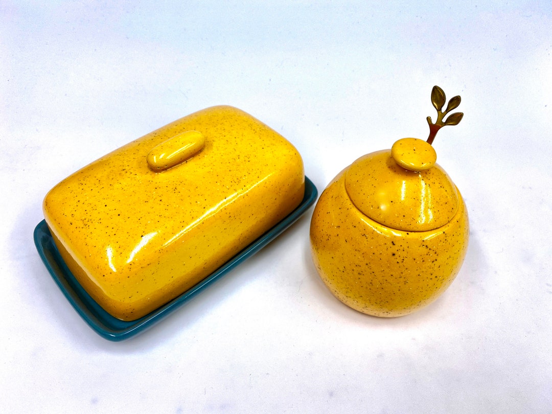 Grey Butter Dish With Speckled Yellow Lid and Sugar Bowl Etsy New Zealand