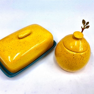 Grey Butter Dish with Speckled Yellow Lid and Sugar Bowl