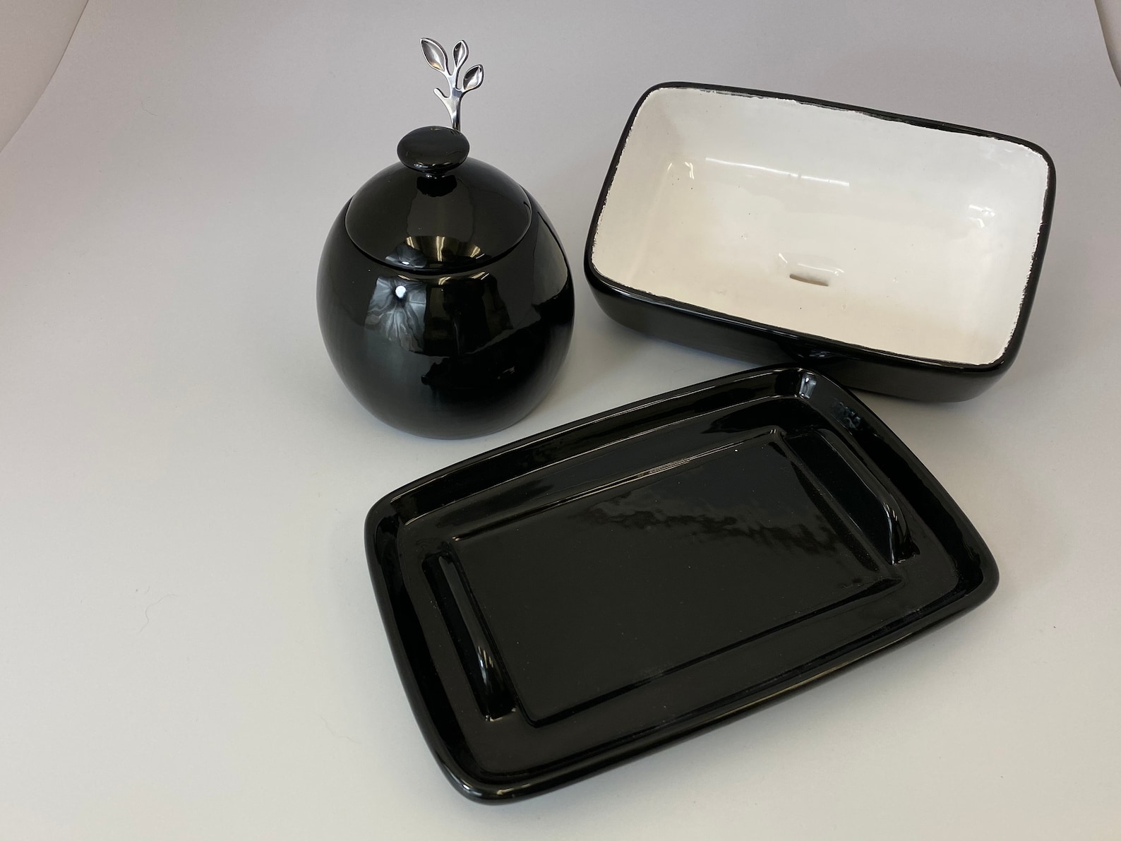 Handmade Black Butter Dish and Sugar Bowl With Silver Leafy Etsy UK