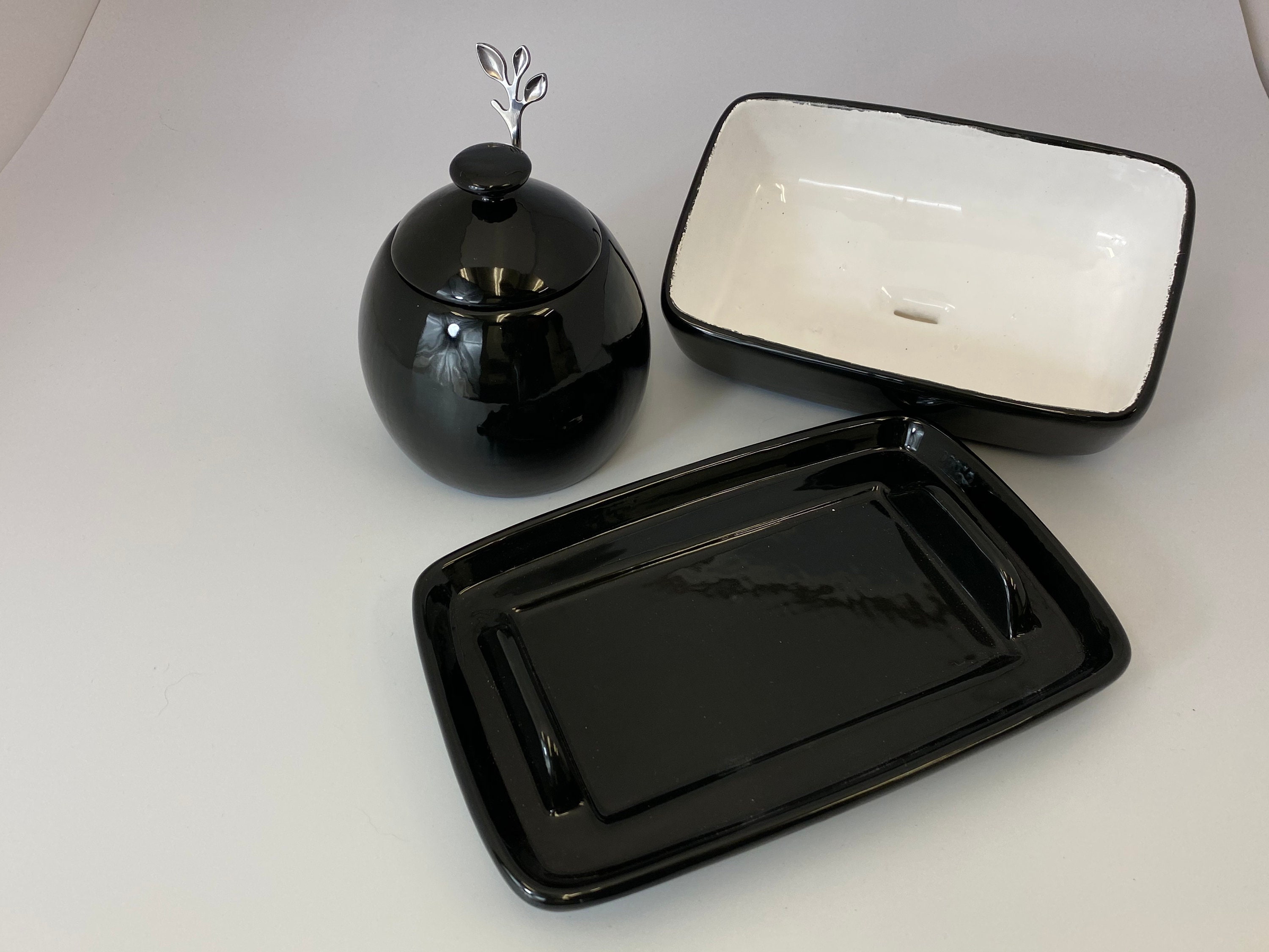 Handmade Black Butter Dish and Sugar Bowl with Silver Leafy Etsy