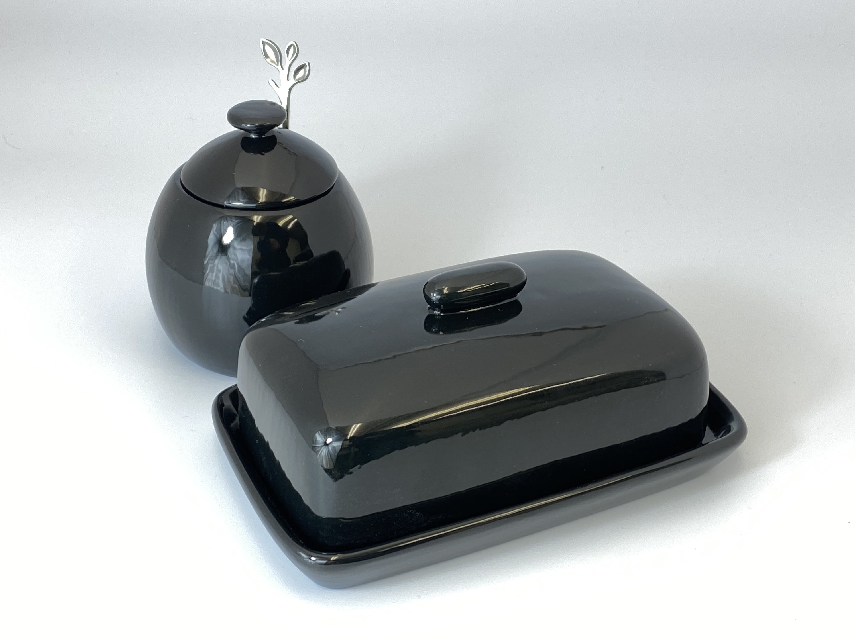Handmade Black Butter Dish and Sugar Bowl with Silver Leafy Etsy