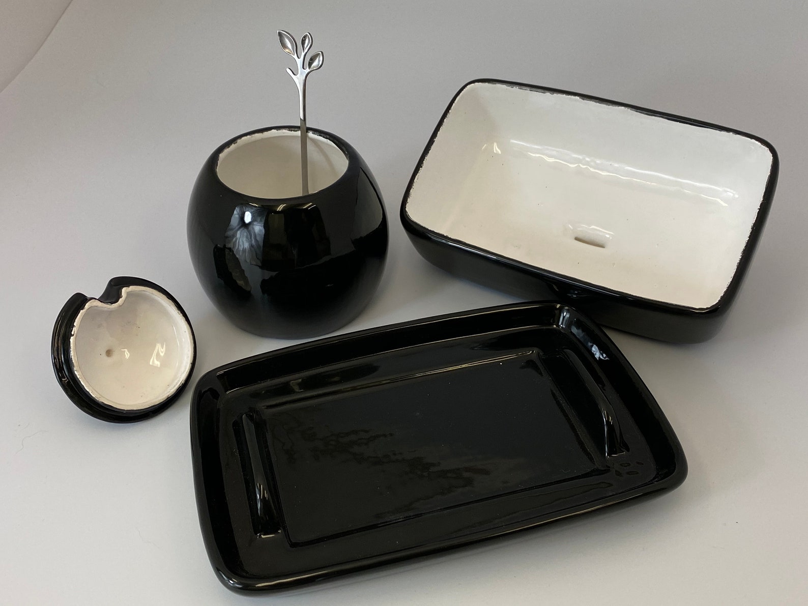 Handmade Black Butter Dish and Sugar Bowl With Silver Leafy Etsy UK