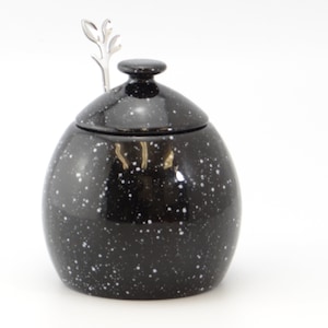 Sugar Bowl with Lid and Spoon Speckled Black Glaze