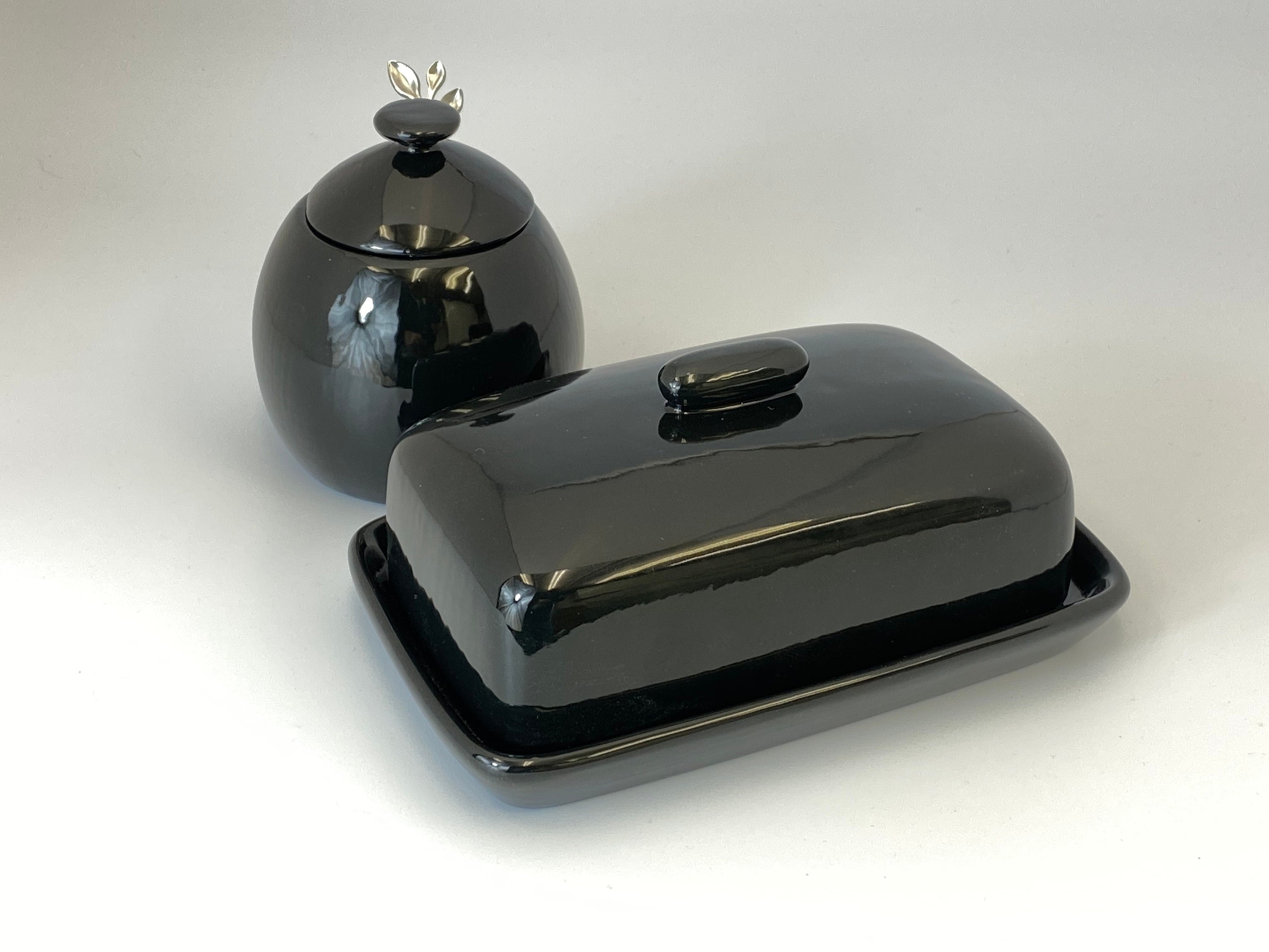Handmade Black Butter Dish and Sugar Bowl with Silver Leafy Etsy