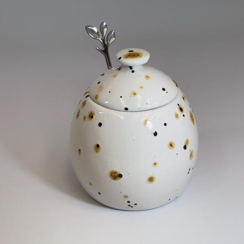 Handmade Stoneware Sugar Bowl with Lid, Speckled Jam Pot, Somerset Studio Pottery