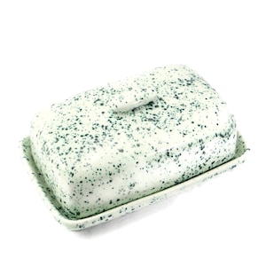 Butterdose, gesprenkeltes Blau und Weiß