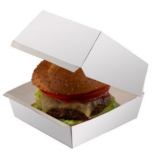 May include: A white cardboard burger box with a sesame seed bun burger inside. The burger has lettuce, tomato, cheese, and a beef patty.
