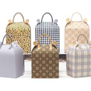 Fiesta de Moda. 8 cajas de regalo con forma de bolso de moda. Caja imprimible (incluye plantilla para imprimir en papel de color o estampado).