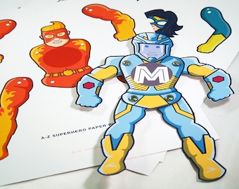 Superhero Party Activity. A- Z Superhero Paper Puppets (Coloring verisons included). Superhero Party Ideas.  Fun for kids. Printable PDF