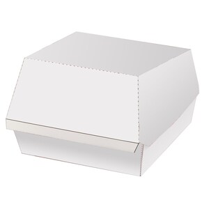 May include: A white cardboard burger box with a fold-over top.