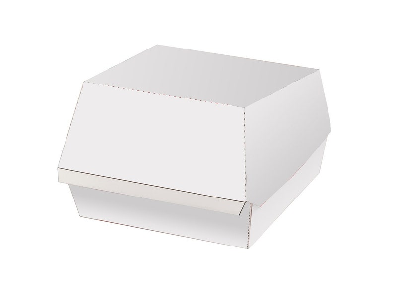 May include: A white cardboard burger box with a fold-over top.