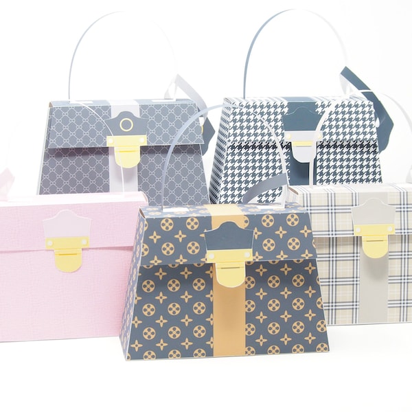 Fashion Party. 5 Fashion Handbag Favor Boxes. Printable Party Favor Box with Tag