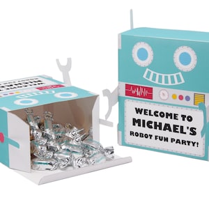 Tema de fiesta de robots. Caja de favores personalizada. Decoraciones para fiesta de cumpleaños de niños