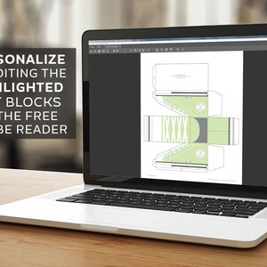 May include: A laptop screen displaying a printable template for a shoe-shaped box. The template is in black and white with green accents. The text on the screen says "PERSONALIZE BY EDITING THE HIGHLIGHTED TEXT BLOCKS USE THE FREE ADOBE READER".
