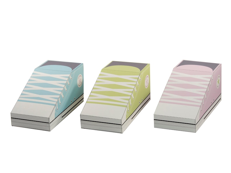 May include: Three shoe-shaped boxes made of cardboard. The boxes are in the shape of a sneaker with laces and a white sole. The boxes are blue, green, and pink.