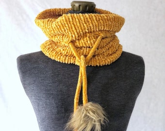 Super soft Velvet cowl with Faux Fur Pompom- Lux scarf, cover a mask, convertible scarf to hat