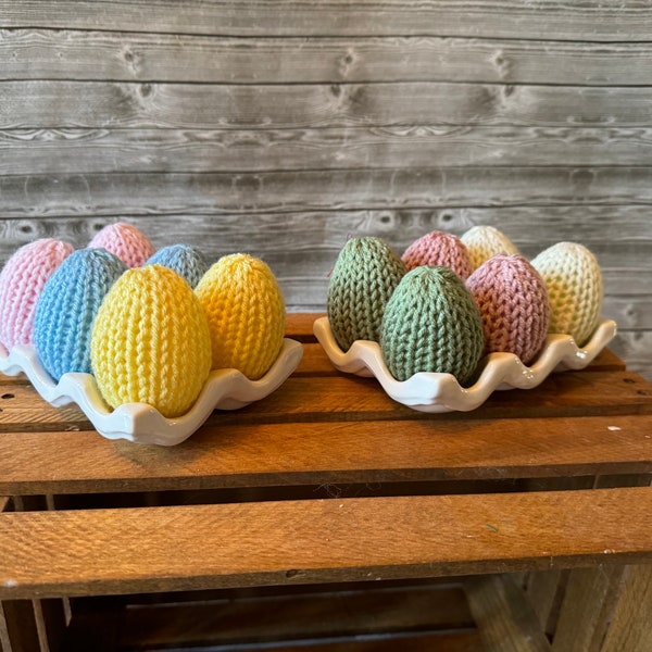 Set of 6 Knit easter Eggs in ceramic egg holder/ ceramic egg holder/ Easter Decor/ Easter egg / Basket Filler / Easter Gift