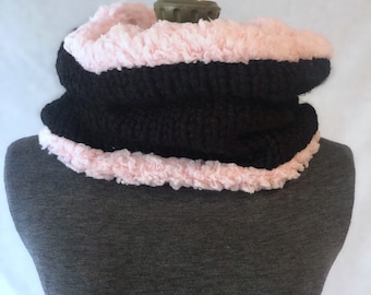 Reversible wool knit and sherpa cowl, loop scarf, neck warmer, gift for her, cotton candy cowl, fashionable winter scarf