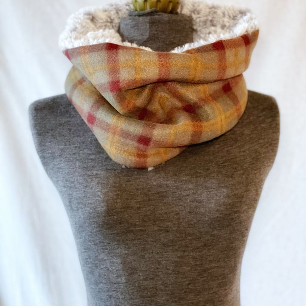 Reversible Faux Fur and Plaid print fleece Neck warmer - gift for her - Fur and fleece scarf- Fleece Cowl - Plaid lover