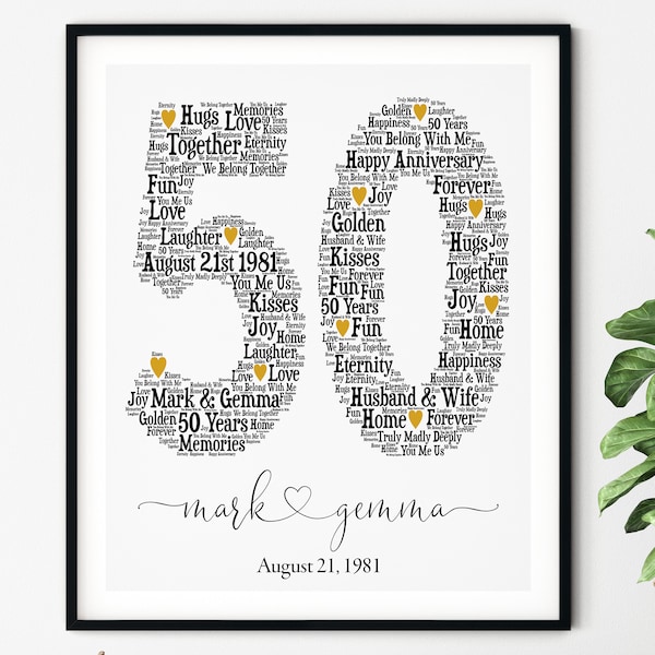 50TH ANNIVERSARY Gift, Personalized Word Art, Printable Art, Unique Anniversary gift, 50 Year Gold Wedding Anniversary Gift, Unique Gift
