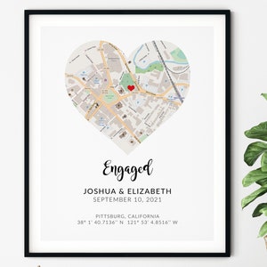 Engagement Map Print Gift, Engagement Print, Engagement Coordinates, Engagement Gift for Couple, Valentines Gift,Personalized Location Print