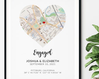 Engagement Map Gift, Engagement Coordinates, Engagement Gift for Couple, Valentines Gift, Personalized Location Engagement Digital Download