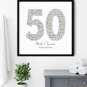 May include: A framed print celebrating a 50th wedding anniversary. The number "50" is formed from words like "Love," "Joy," and "Forever." The names "Mark & Gemma" and the date "August 21st 1966" are displayed below the numbers. The frame is black.