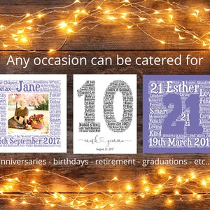 May include: Three personalized word art prints for various occasions. The prints feature names, dates, and words related to anniversaries, birthdays, and graduations. The text "Any occasion can be catered for" is at the top.