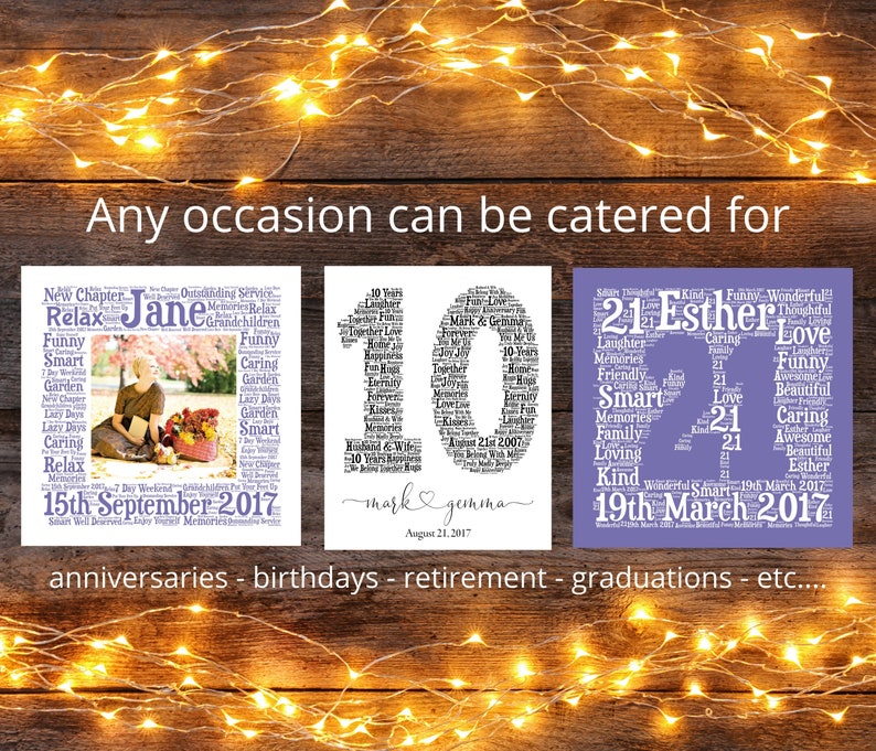 May include: Three personalized word art prints for various occasions. The prints feature names, dates, and words related to anniversaries, birthdays, and graduations. The text "Any occasion can be catered for" is at the top.