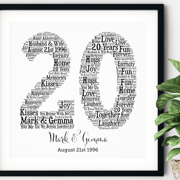 PERSONNALISÉ 20ÈME ANNIVERSAIRE Cadeau ~ Word Art ~ Art imprimable ~ Cadeau d'anniversaire unique ~ Cadeau d'anniversaire de mariage de 20 ans ~ Cadeau unique