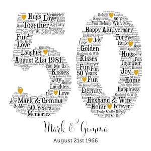 May include: A white print celebrating a 50th wedding anniversary. The number 50 is formed with words like "Love," "Forever," and "Together." The names "Mark & Gemma" and the date "August 21st 1966" are also displayed.