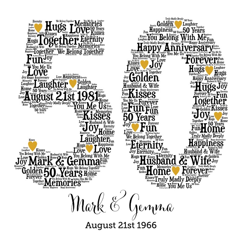 May include: A white print celebrating a 50th wedding anniversary. The number 50 is formed with words like "Love," "Forever," and "Together." The names "Mark & Gemma" and the date "August 21st 1966" are also displayed.