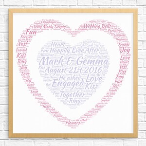 Cadeau de fiançailles personnalisé - Word Art - impression d'art - oeuvre d'art imprimable - cadeau de fiançailles unique pour couple - carte de fiançailles - motif coeur