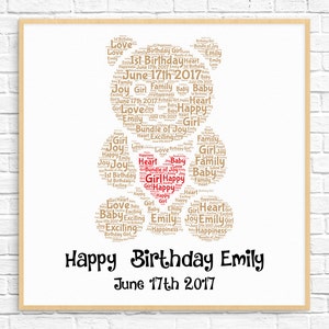 PERSONALIZED 1st Birthday Gift ~ Printable Art ~ First Birthday - 1st Birthday Girl ~  Baby Girl Gift ~ Teddy Bear ~ Word Art