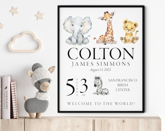 New Baby Personalized Print Gift, Animal Name Gift, Childs Zoo Nursery Print, Gift for Newborn Baby Boy Girl, Custom Baby Name Print